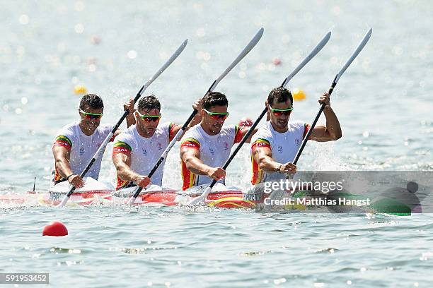 Fernando Pimenta, Emanuel Silva, Joao Ribeiro and David Fernandes of Portugal compete in the Men's Kayak Four 1000m on Day 14 of the Rio 2016 Olympic...