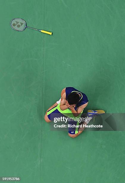 Chong Wei Lee of Malaysia celebrates after defeating Dan Lin of China during the Men's Singles Badminton Semi-final on Day 14 of the Rio 2016 Olympic...