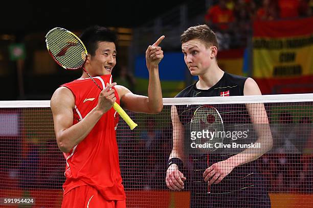 Long Chen of China celebrates after defeating Viktor Axelsen of Denmark during the Men's Singles Badminton Semi-final on Day 14 of the Rio 2016...