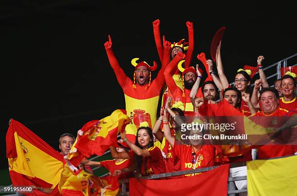Spain fans cheer on Carolina Marin of Spain during the Women's Singles Gold Medal Match against V. Sindhu Pusarla of India on Day 14 of the Rio 2016...