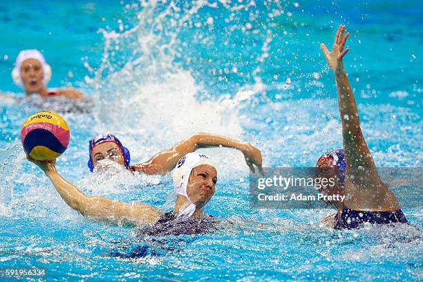 Ildiko Toth of Hungary is closed down by Evgeniia Soboleva of Russia during the Women's Water Polo Bronze Medal match between Hungary and Russia on...