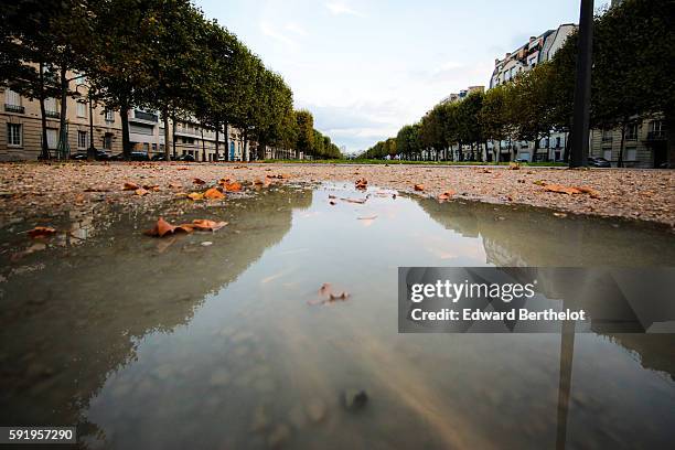 Paris buildings reflect into a water puddle on a rainy summer day, during the evening, near the bridge "Pont Alexandre iii " on August 18, 2016 in...