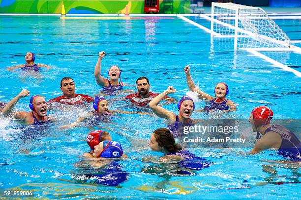 Russia celebrate winning the bronze during the Women's Water Polo Bronze Medal match between Hungary and Russia on Day 14 of the Rio 2016 Olympic...