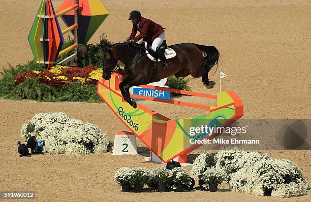 Ali Yousef Al Rumaihi of Qatar riding Gunder competes during the Equestrian Jumping Individual Final Round on Day 14 of the Rio 2016 Olympic Games at...