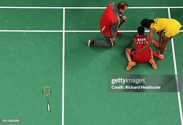 Carolina Marin of Spain celebrates match point against V. Sindhu Pusarla of India during the Women's Singles Gold Medal Match on Day 14 of the Rio...