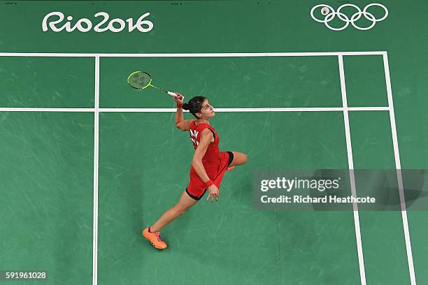 Carolina Marin of Spain competes against V. Sindhu Pusarla of India during the Women's Singles Gold Medal Match on Day 14 of the Rio 2016 Olympic...