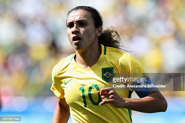 Marta of Brazil in action during the Women's Olympic Football Bronze Medal match between Brazil and Canada at Arena Corinthians on August 19, 2016 in...