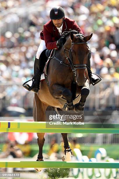 Ali Yousef Al Rumaihi of Qatar riding Gunder competes during the Equestrian Jumping Individual Final Round on Day 14 of the Rio 2016 Olympic Games at...