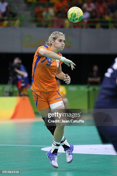 Estavana Polman of the Netherlands in action during the Women's semifinal handball match between France and The Netherlands on day 13 of the Rio 2016...