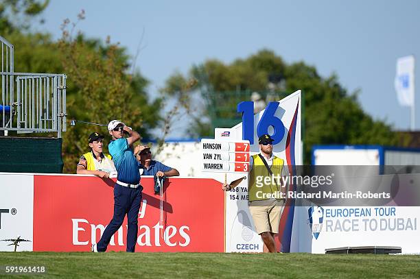 Jaco van Zyl of South Africa tees off on the 16th hole during the second round of the D+D REAL Czech Masters at Albatross Golf Resort on August 19,...