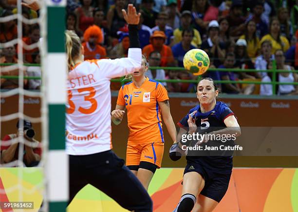 Camille Ayglon-Saurina of France in action during the Women's semifinal handball match between France and The Netherlands on day 13 of the Rio 2016...