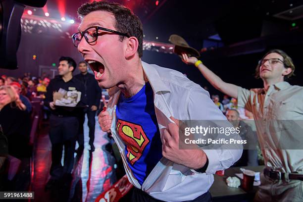 Darts fan in Superman costume reacts during the Ladbrokes Sydney Darts Masters First Round at The Star Event Centre.