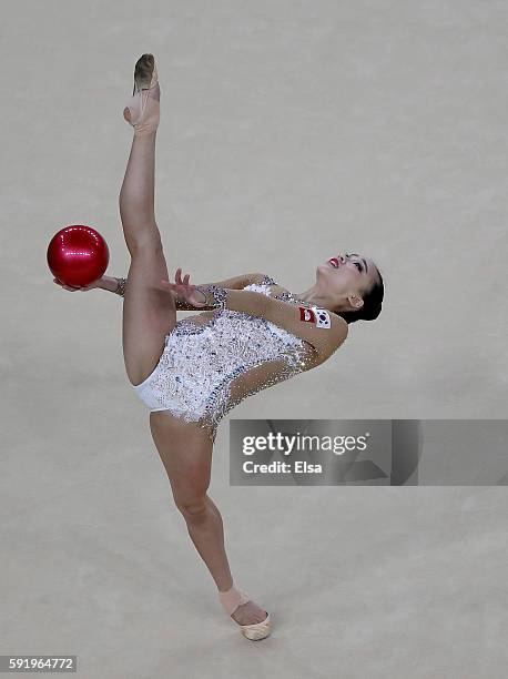 Yeon Jae Son of Korea competes during the Rhythmic Gymnastics Individual All-Around on August 19, 2016 at Rio Olympic Arena in Rio de Janeiro, Brazil.
