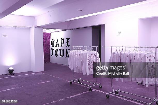 Product display of the latest merchandise from Kanye West at the Kanye West temporary PABLO Store in 107 Bree Street on August 19, 2016 in Cape Town,...