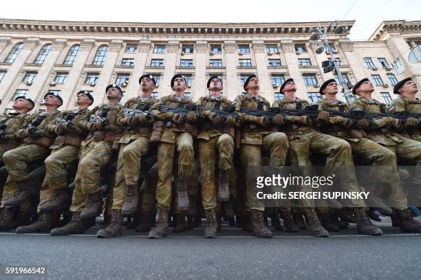 Ukrainian servicemen take part in military parade rehearsal in the center of Kiev on August 19, 2016. Ukraine will mark the 25th anniversary of its...