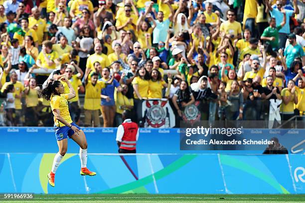 Beatriz of Brazil celebrates scoring during the Women's Olympic Football Bronze Medal match between Brazil and Canada at Arena Corinthians on August...