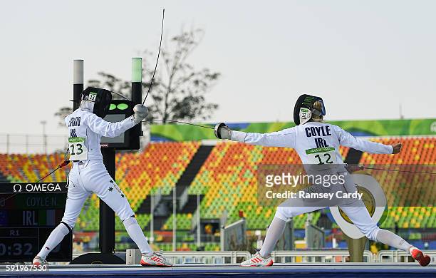 Rio , Brazil - 19 August 2016; Natalya Coyle of Ireland competing against Chloe Esposito of Australia during the fencing bonus round of the Women's...