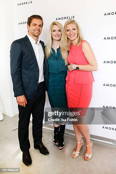 The Amorelie founder Sebastian Pollok and Lea-Sophie Cramer with Mirja du Mont during the Amorelie Wonderland dinner party at their new headquarter...