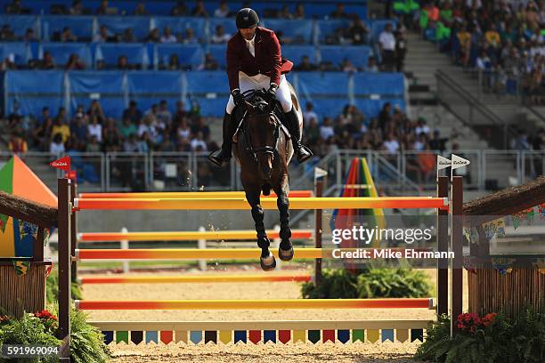 Ali Yousef Al Rumaihi of Qatar riding Gunder competes during the Equestrian Jumping Individual Final Round on Day 14 of the Rio 2016 Olympic Games at...