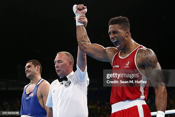 Tony Victor James Yoka of France reacts after fighting Filip Hrgovic of Croatia in the Men's Super Heavy 91kg Semifinal 1 on Day 14 of the Rio 2016...