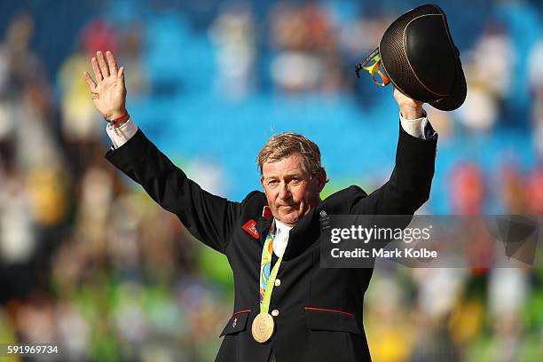 Gold medalist, Nick Skelton of Great Britain riding Big Star celerates after the Equestrian Jumping Individual Final Round on Day 14 of the Rio 2016...