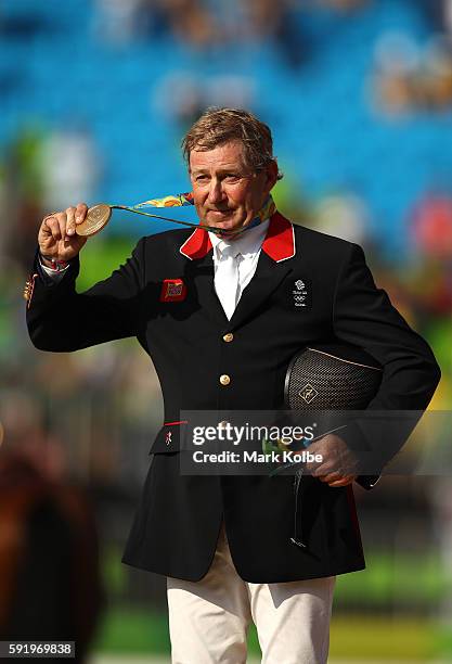 Gold medalist, Nick Skelton of Great Britain riding Big Star celerates after the Equestrian Jumping Individual Final Round on Day 14 of the Rio 2016...