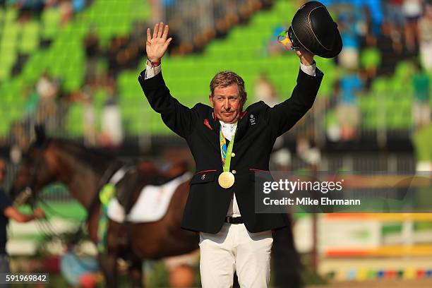 Gold medalist, Nick Skelton of Great Britain riding Big Star celerates after the Equestrian Jumping Individual Final Round on Day 14 of the Rio 2016...