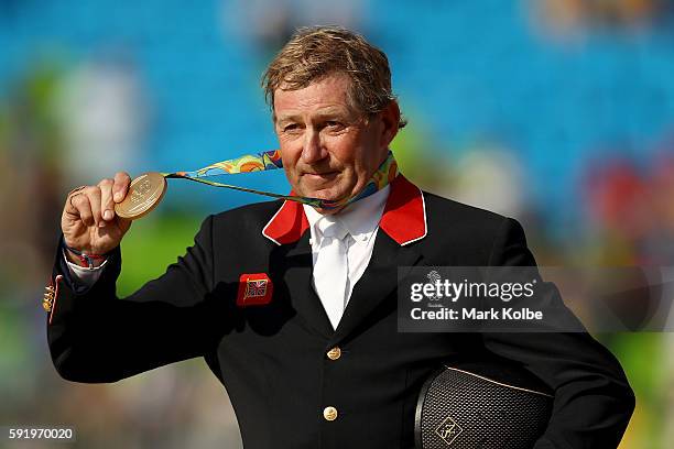 Gold medalist, Nick Skelton of Great Britain riding Big Star celerates after the Equestrian Jumping Individual Final Round on Day 14 of the Rio 2016...