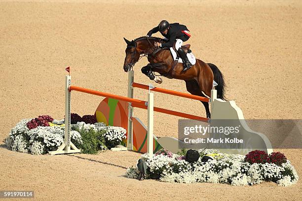 Gold medalist, Nick Skelton of Great Britain riding Big Star competes during the Equestrian Jumping Individual Final Round on Day 14 of the Rio 2016...