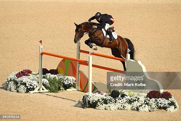 Gold medalist, Nick Skelton of Great Britain riding Big Star competes during the Equestrian Jumping Individual Final Round on Day 14 of the Rio 2016...