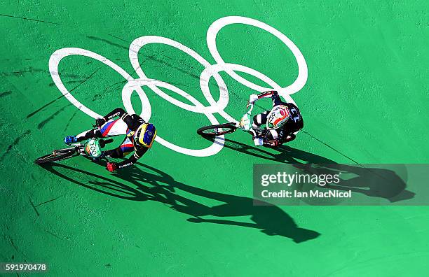 Mariana Pajon of Colombia leads the way in the Women's BMX final during day 14 at Olympic BMX Centre on August 19, 2016 in Rio de Janeiro, Brazil.