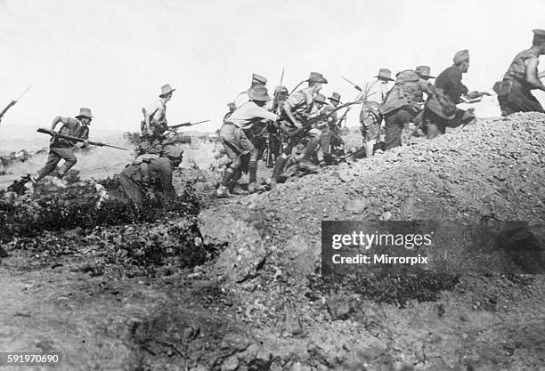 Australian troops charging a Turkish trench during the final days of the evacuation of Gallipoi at Suvla Bay. 17th December 1915 Evaluation Scan