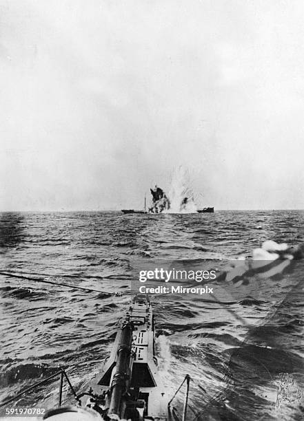 "Spurlos Versenkt" sunk with out trace. The wake of the torpedo leads from the bows of the German submarine U35 to claim another allied ship. U-boat...