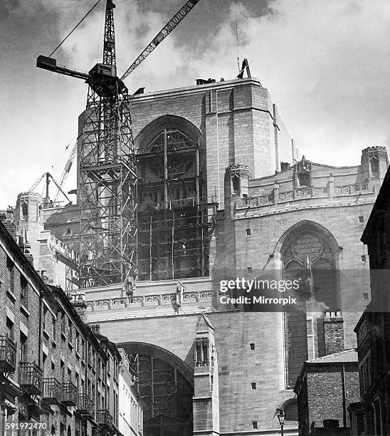 Construction of the Liverpool Anglican Cathedral, picture shows the process of the steel framework which will carry the bells, Merseyside. 14th June...