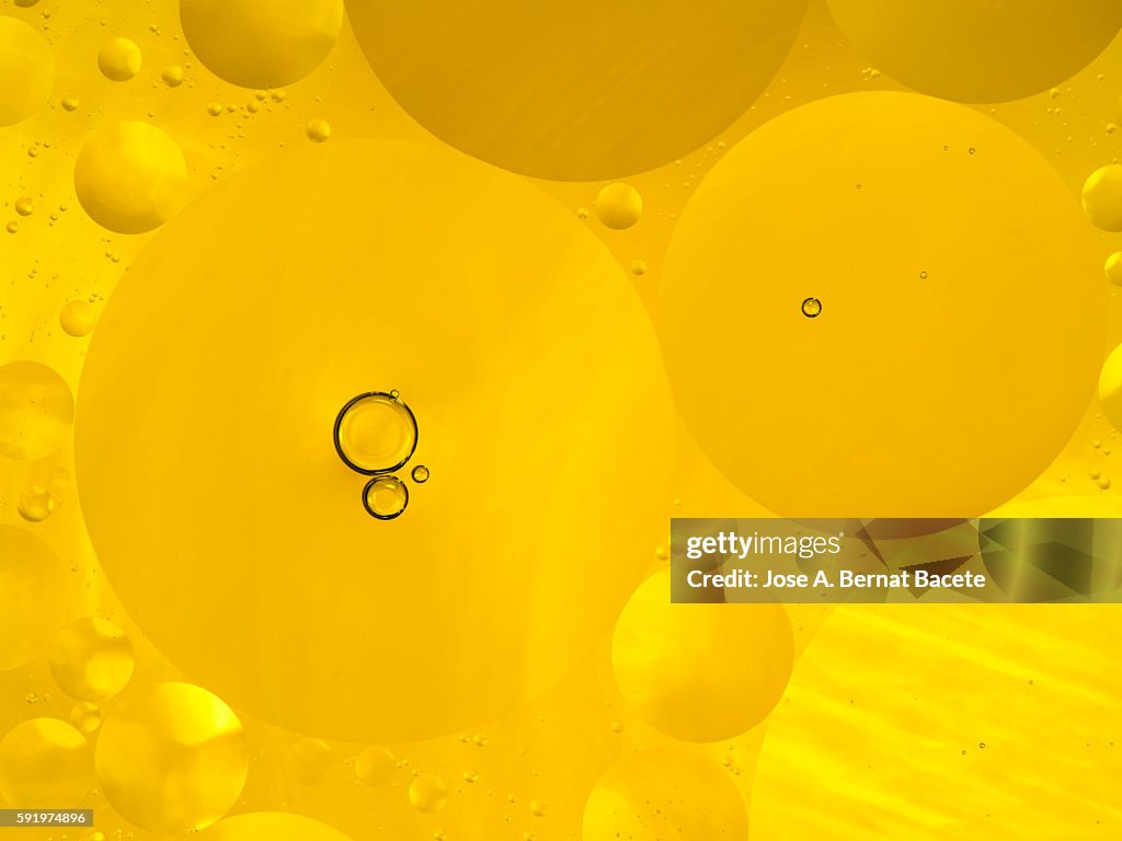 Full Frame of circular bubbles floating on water yellow