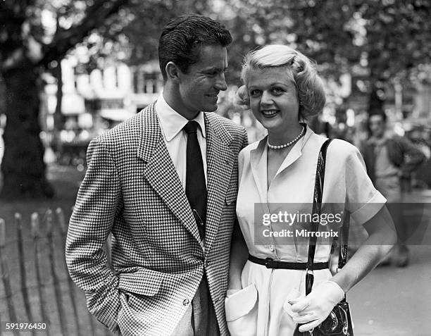 Angela Lansbury and Peter Shaw, who are in London for their wedding. 26th July 1949.