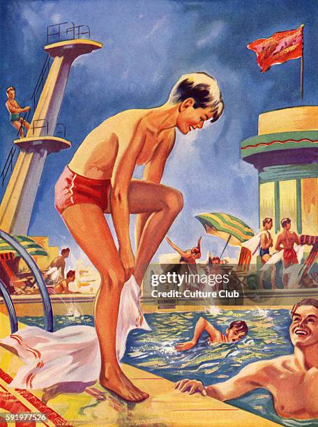 Lido swimming pool 1930s Illsutration from late 1930s, artist not known, from Wonder Book series