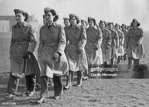 Flying nurses of the Ninth troop carrier command of United States Army Air Force at a marching drill at their base in England during the Second World...