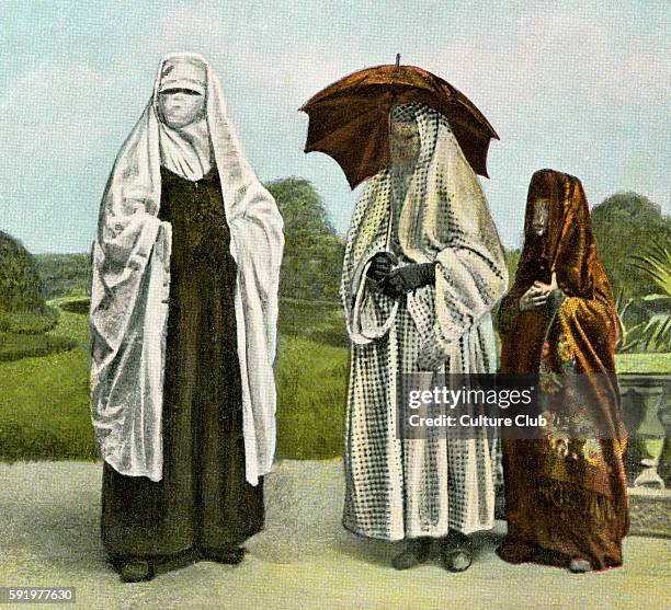 Turkish women and child in Sarajevo. Wearing veils over the faces and clothes