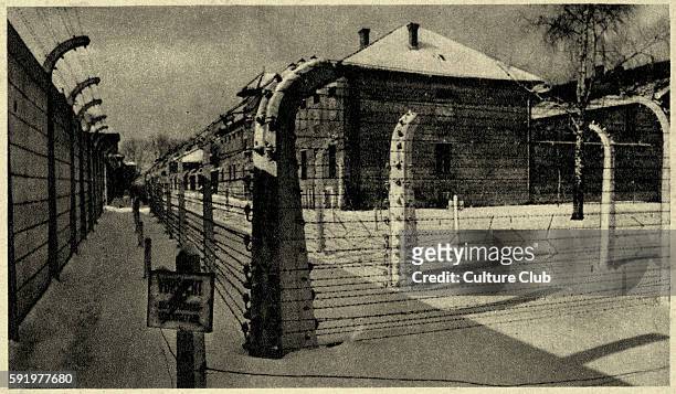 Auschwitz concentration camp -view of the 11th barrack with barbed wire. Source: Museum of O?wi?cim, Poland. - Photos taken by guard or SS....