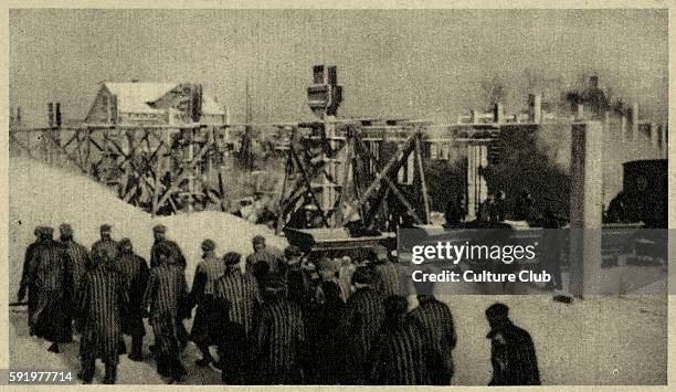 Auschwitz concentration camp. Caption reads:'A 'Komando' unit going to work'. Prisoners being sent to work. Source: Museum of Oswiecim, Poland....