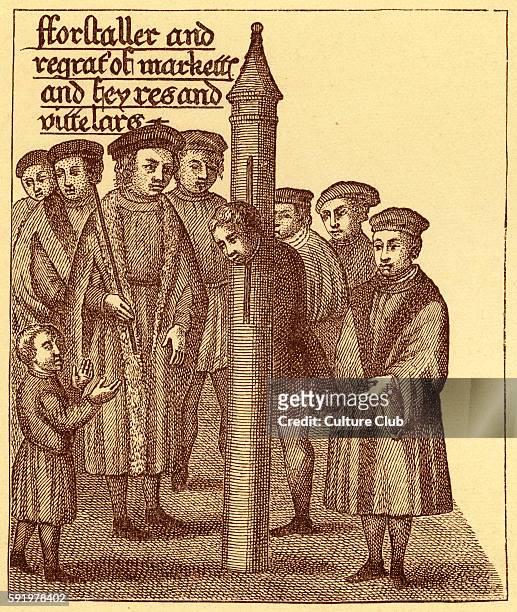 Forestaller in the pillory. The pillory was a wooden or metal post used for restraining petty criminals.The punishment, like that of the stocks, was...