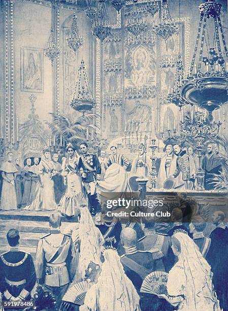 King Alfonso of Spain 's marriage to Princess Victoria Eugenie Ena - Madrid, 31 May 1906. Niece of Edward VII. From illustration of S. Begg of the...