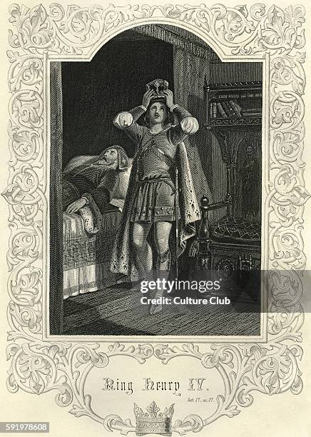 King Henry IV by William Shakespeare. Act IV Scene IV. Caption reads: 'Trying on the crown'. Engraving. English poet and playwright baptised 26 April...