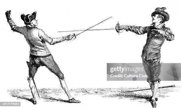 Spanish Guard attacked by French guard, engraving from L'Ecole des Armes , 1763 instruction book by Domenico Angelo. He was an Italian fencing master...