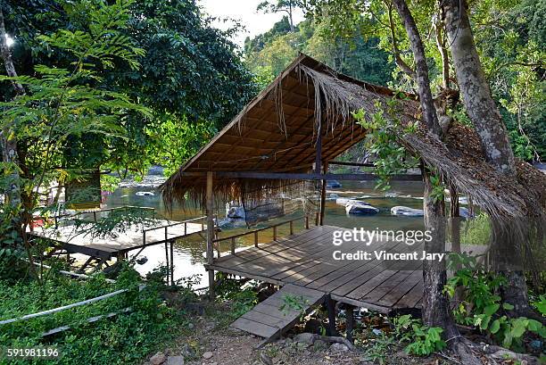 bamboo hut at champasak waterfall laos - meseta de bolaven fotografías e imágenes de stock