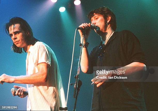 Nick Cave And The Bad Seeds performing on stage with Shane MacGowan at Town & Country Club, Kentish Town, London 01 September 1992.