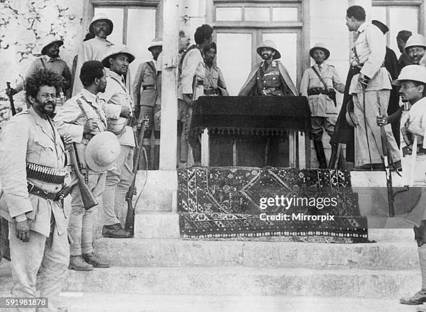 Ethiopian Emperor Haile Selassie making a speech to the Patriot Forces of Abyssinia after they captured the strongly held Italian fort of Debra...