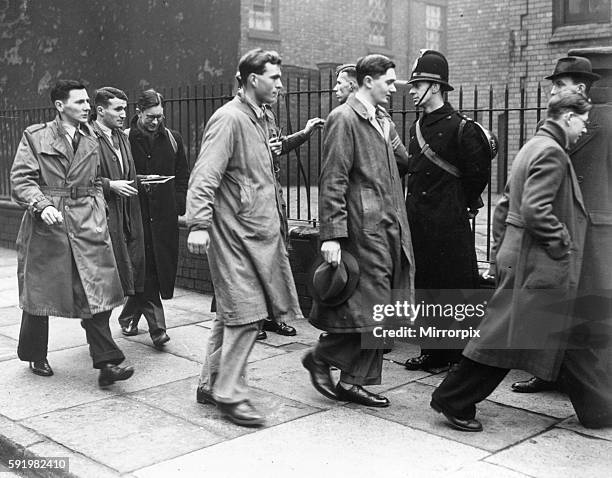 Conscientious objectors on their way to plead their case at Liverpool tribunal. 25th March 1941.