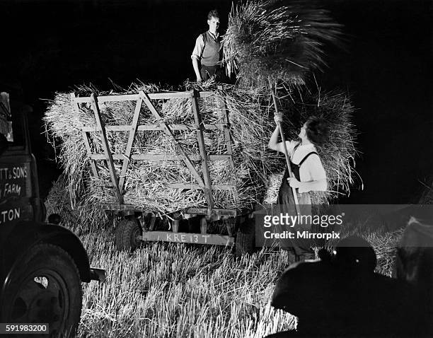 The harvest at Barn Farm, Hilton, Lichfield, being gathered in at night by light from car headlamps. September 1946 P004530